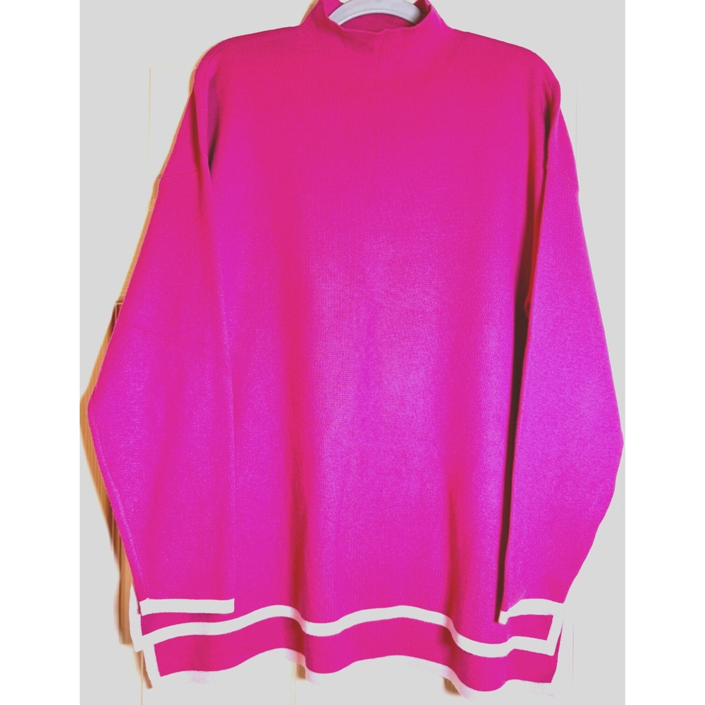 Crown & Ivy Women's Large Fuschia Pink Mock Neck Sweater Tunic w/ Lt. Pink Trim